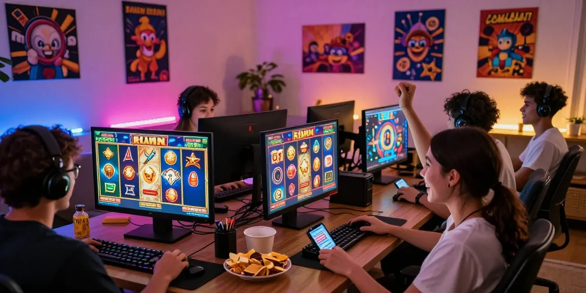 Players enjoying a slot online resmi game in a lively living room with colorful lights and snacks.