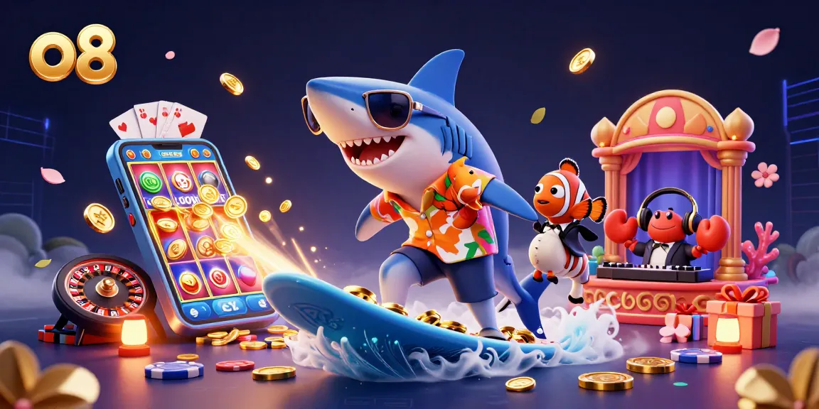 Engage in thrilling gaming at o8 with a vibrant casino scene filled with fun characters and exciting elements.