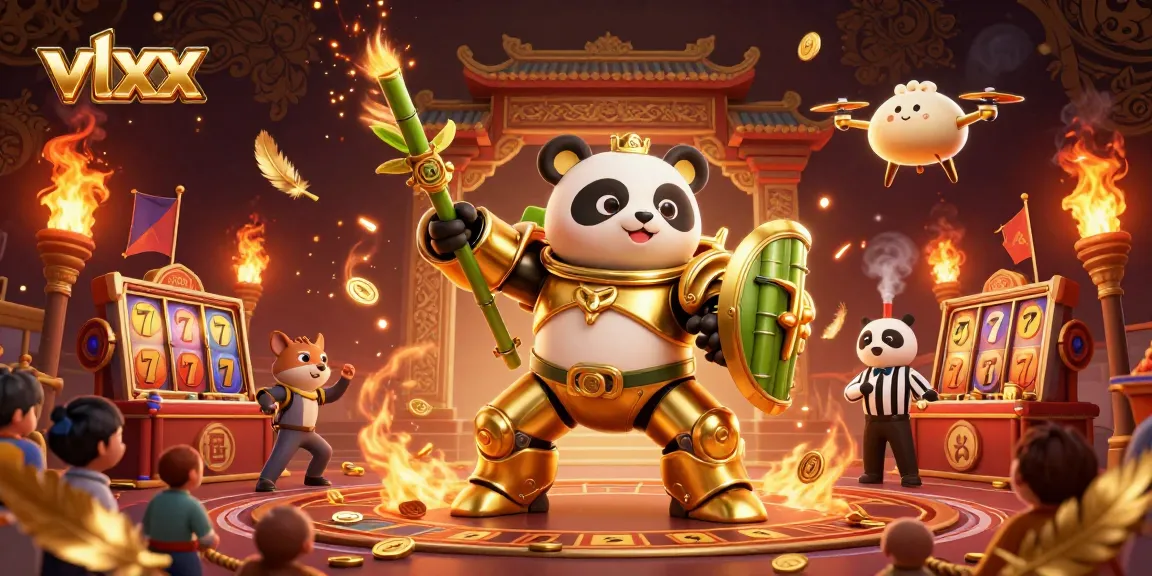 Experience thrilling action at vlxx in an animated casino featuring a golden panda and dynamic game elements.