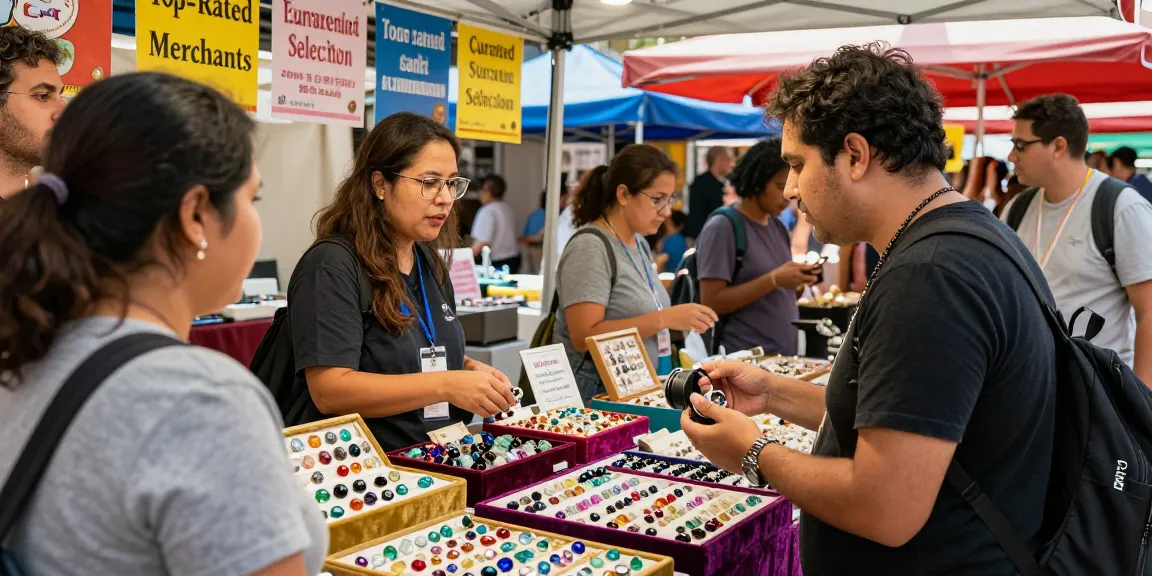 Showcase of gemstones at https://www.mygemspot.com - vibrant market scene with colorful gems and friendly merchant.