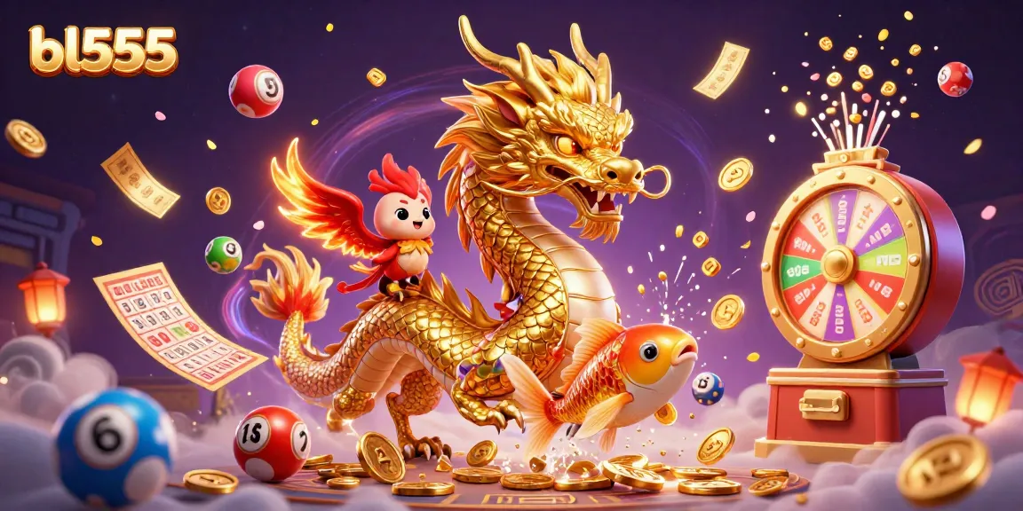 Experience thrilling gaming action at bl555 with a vibrant 3D casino illustration featuring a golden dragon.