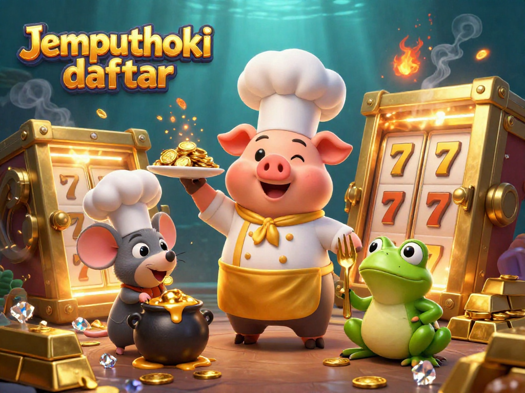 Engage in exciting gameplay with Jemputhoki daftar featuring rich visuals of gold coins, slot reels, and vibrant characters.