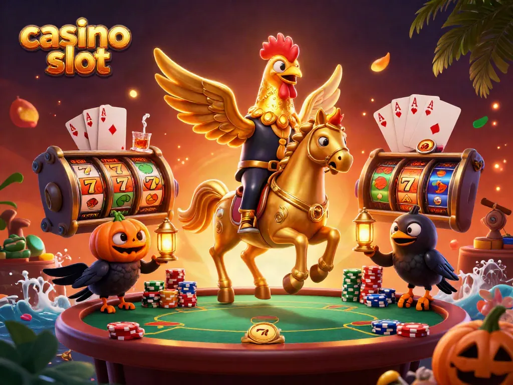 Experience thrilling casino slot action with a golden rooster amidst a vibrant midnight casino scene.