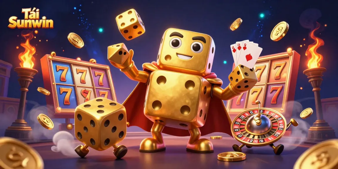 Tải Sunwin with a vibrant 3D scene featuring golden dice, slots, and dynamic game elements.