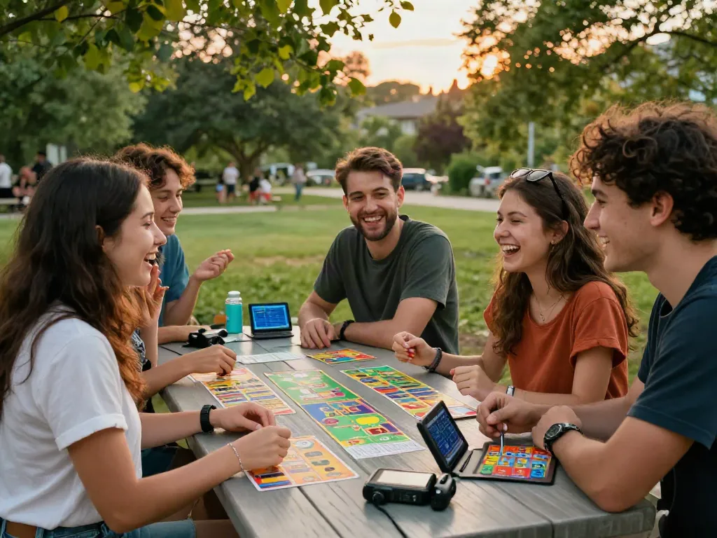 Friends enjoying unsurtoto outdoor gaming session with cards and gadgets.
