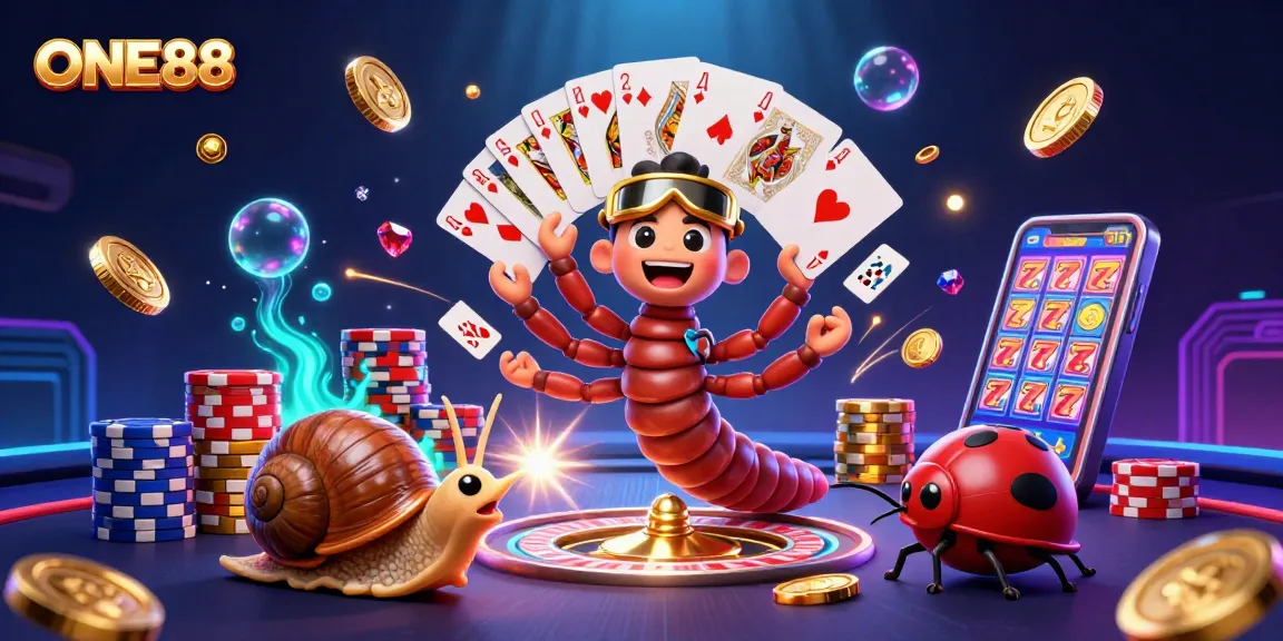 Exciting gaming scene with ONE88 cartoon dealer and vibrant casino elements.