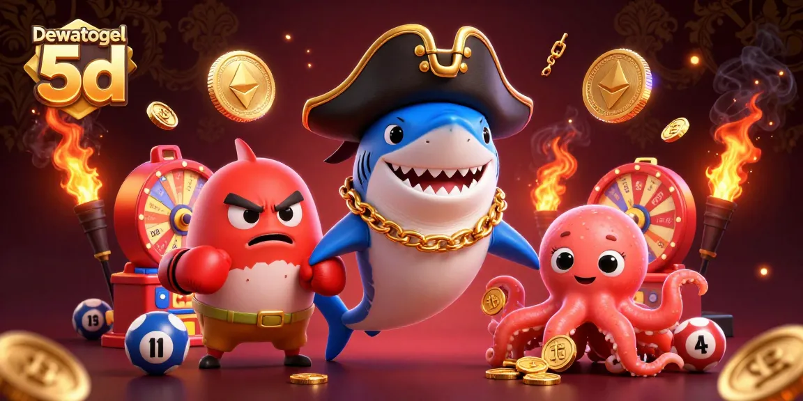 Win big with Dewatogel 5d through a vibrant 3D illustration of fun lottery elements and playful aquatic characters.