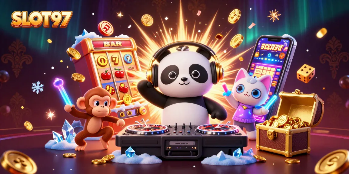 SLOT97 showcases an exciting gambling scene with a DJ panda and vibrant slot elements bursting with jackpots.