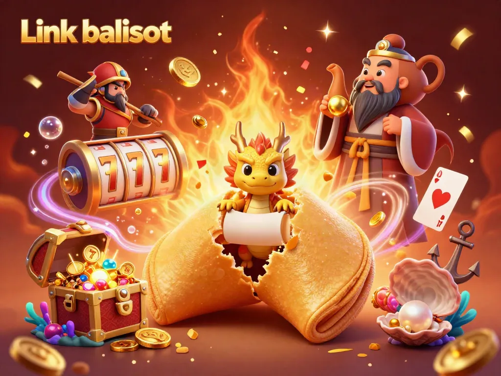 Experience the excitement of Link balislot with a vibrant 3D illustration of fortune symbols, golden treasures, and animated characters.