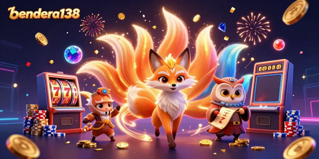 Experience excitement with bendera138 as luck strikes with vibrant slot symbols and a mystical fox spirit.