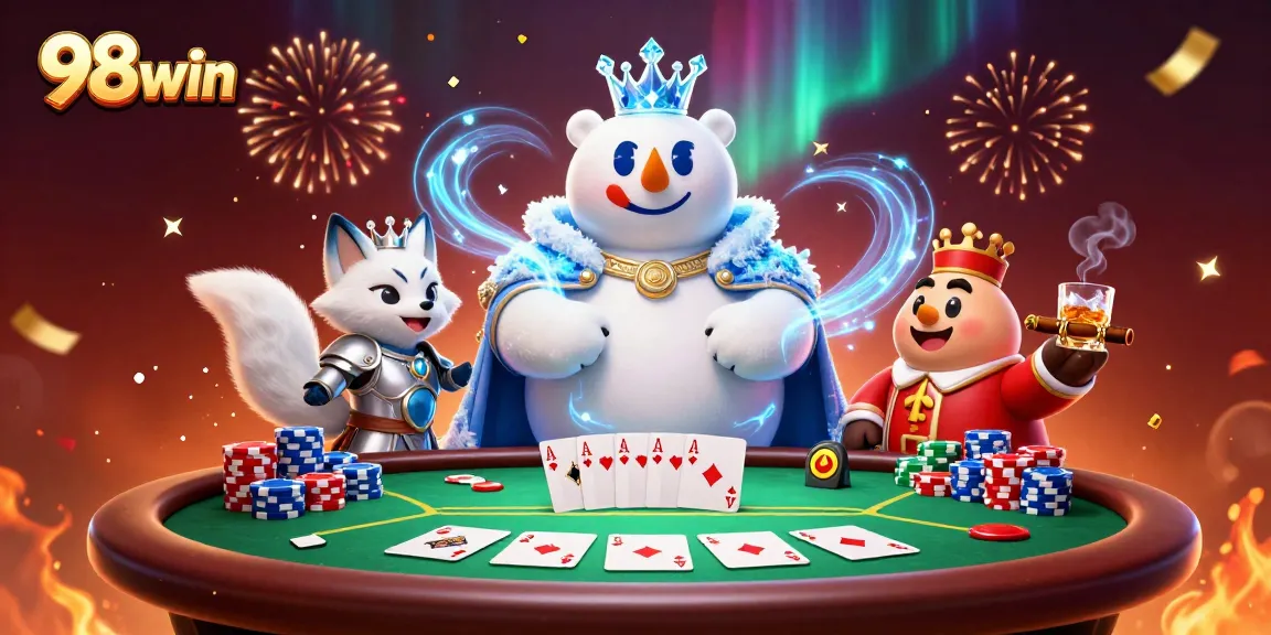 Join the fun at 98win with vibrant poker action and enchanting characters in a dynamic casino scene.