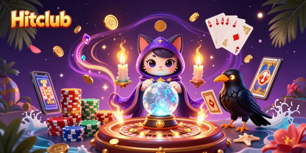 Experience magical gaming at Hitclub with a mystic cat, raven, and vibrant casino elements.