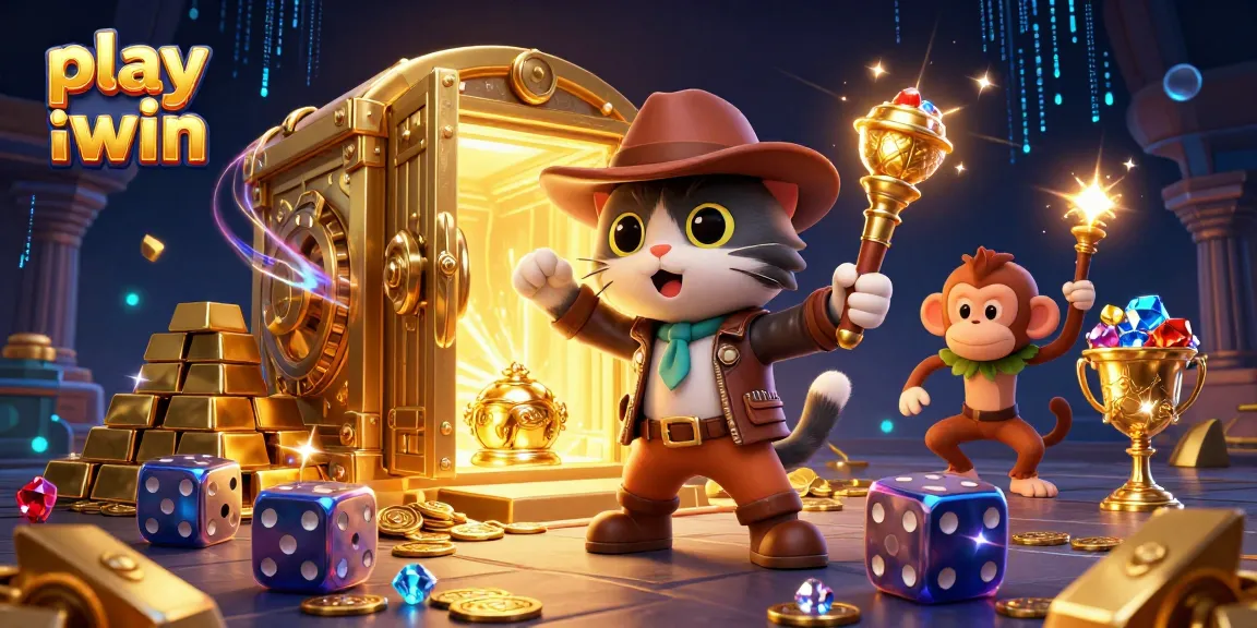 Play iwin with exciting treasures and dynamic characters in a vibrant casino-themed scene.