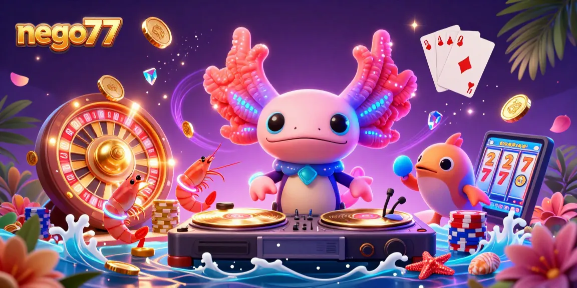 Nego77 introduces winning strategies for slot games with vibrant characters celebrating big wins and jackpots.