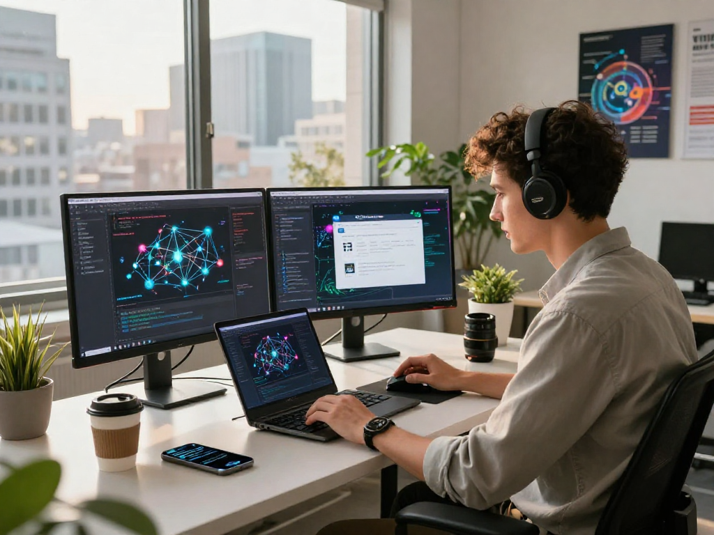 Gambar profesional teknologi wifi4d di ruang kerja modern dengan monitor dan laptop.