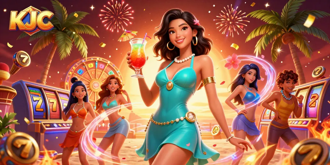 KJC players enjoy exciting slot games under tropical lights at a vibrant beach casino.
