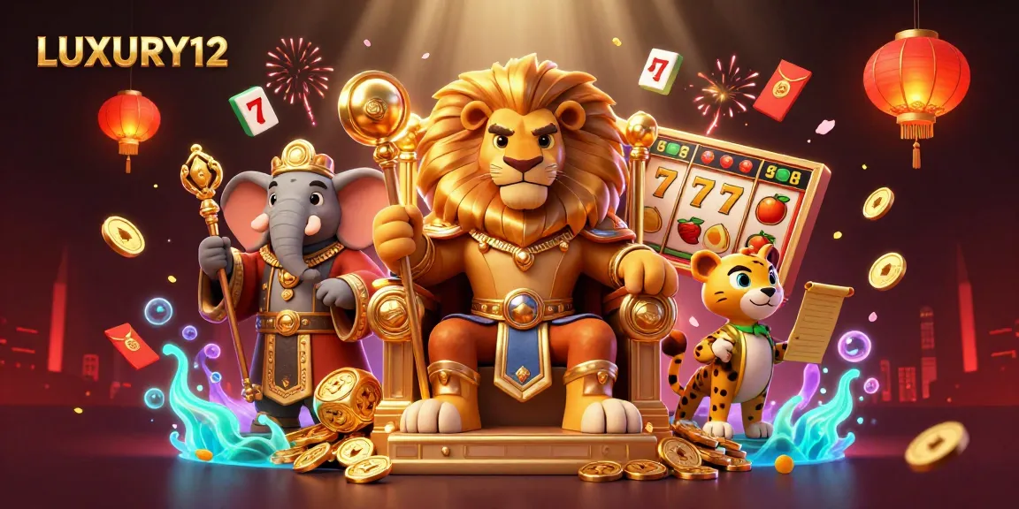 LUXURY12 features an exciting scene with a lion king, elephant advisor, and cheetah messenger amidst vibrant casino elements.