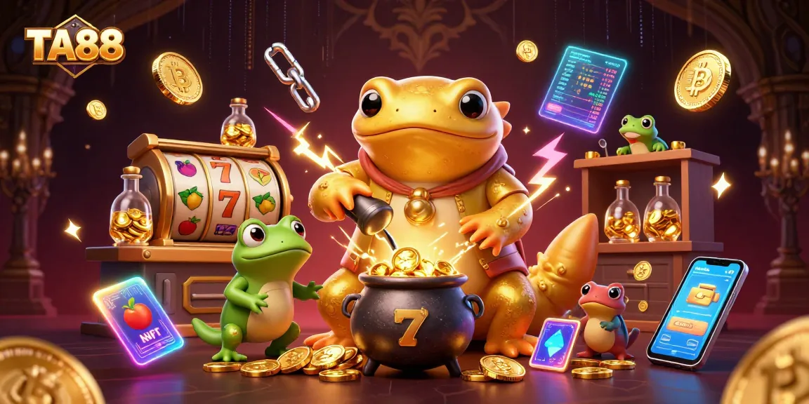 TA88 players engaging with a magical alchemist scene, showcasing exciting slot elements and cryptocurrency.