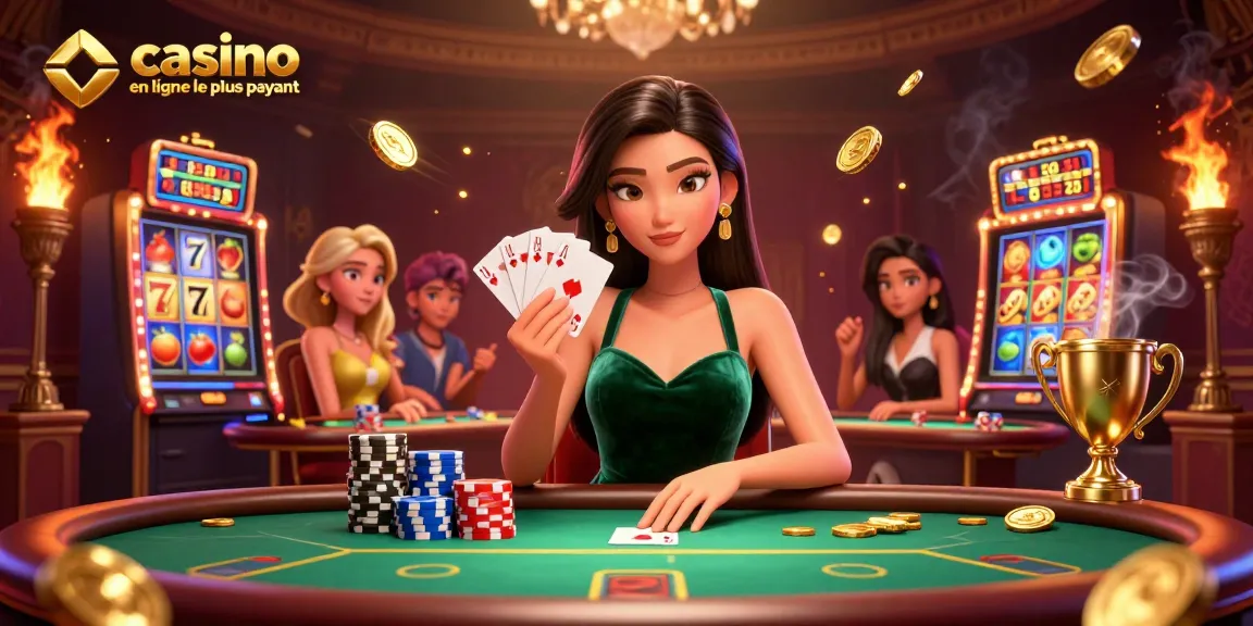 Découvrez le casino en ligne le plus payant avec une belle femme asiatique à une table de poker luxueuse, entourée de machines à sous.