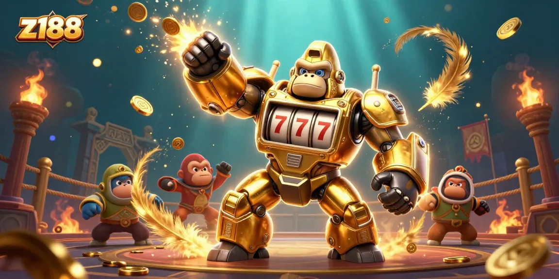 Experience z188 with an explosive 3D casino illustration featuring a golden gorilla mech and dynamic casino elements.