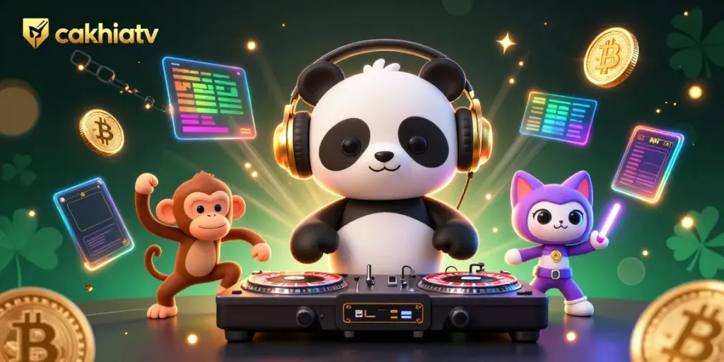 Cakhiatv features an engaging scene with a DJ panda, dancing monkey, and glowing kitten in a vibrant casino atmosphere.