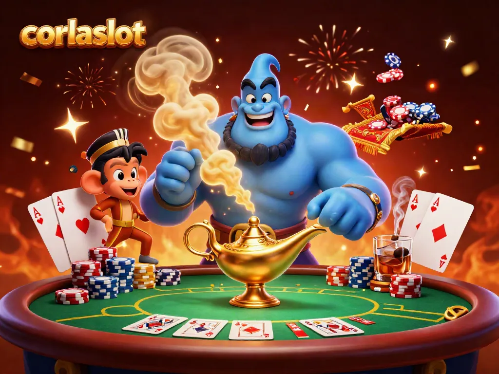 Experience thrilling gameplay on corlaslot with a dynamic casino scene featuring stacked poker chips and colorful characters.