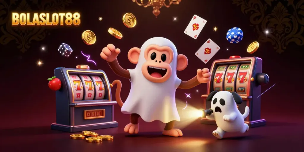 Play games at BOLASLOT88 in an ultra-detailed haunted casino with a playful poltergeist monkey.