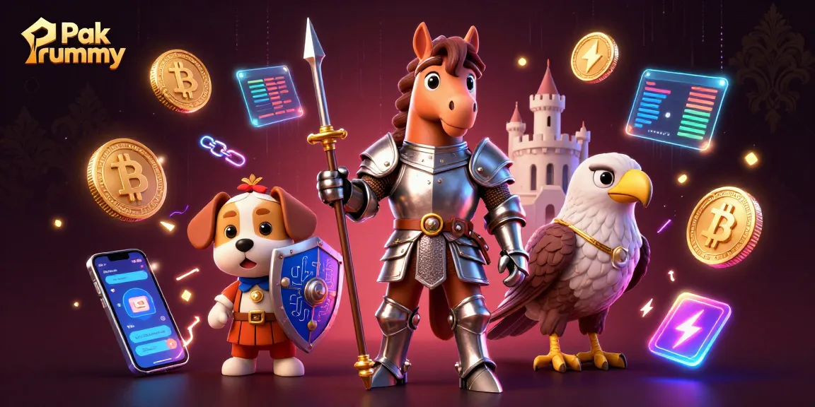 Experience Pak rummy action with knight and puppy scenes featuring crypto treasures and dynamic game elements.