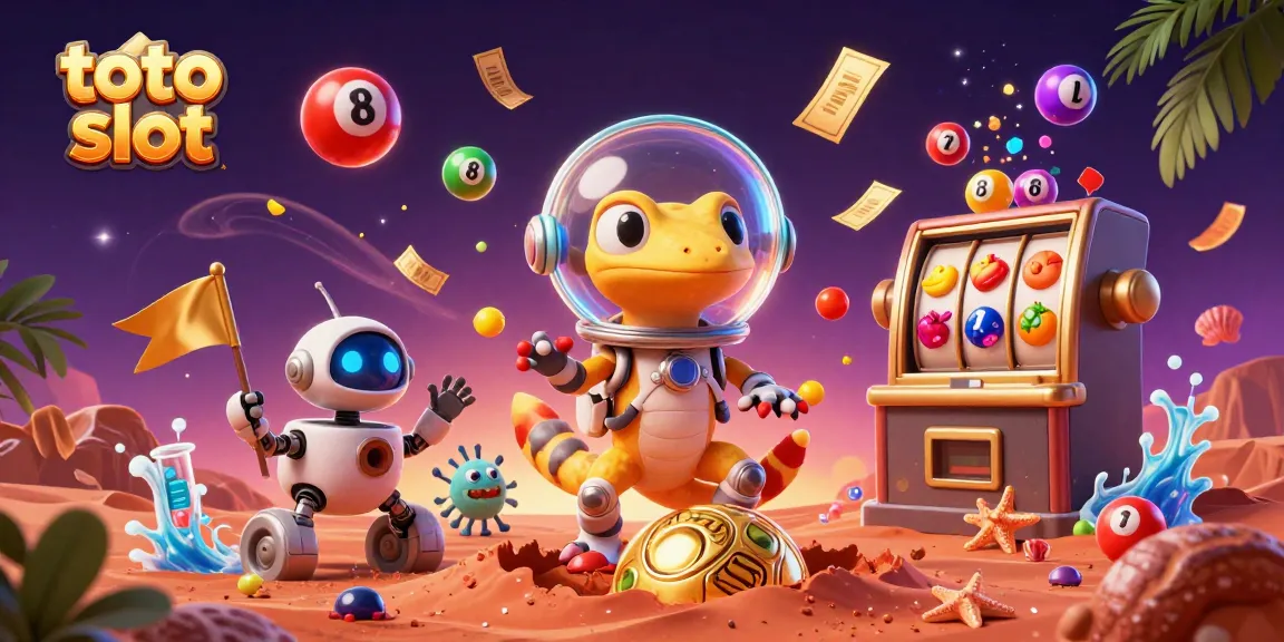 Experience thrilling toto slot action with a Martian gecko in a vibrant casino landscape.