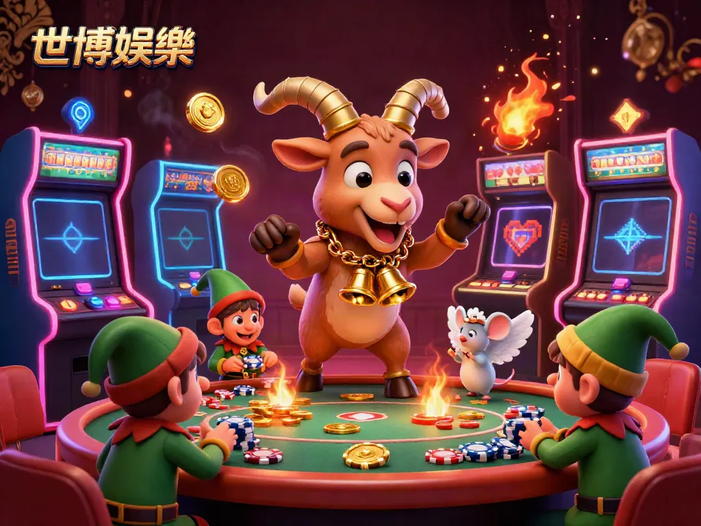 在世博娛樂中，卡通的krampus坐在赌场里，旁边有乖巧的小天使鼠和顽皮的小精灵们，构成热闹的场景。