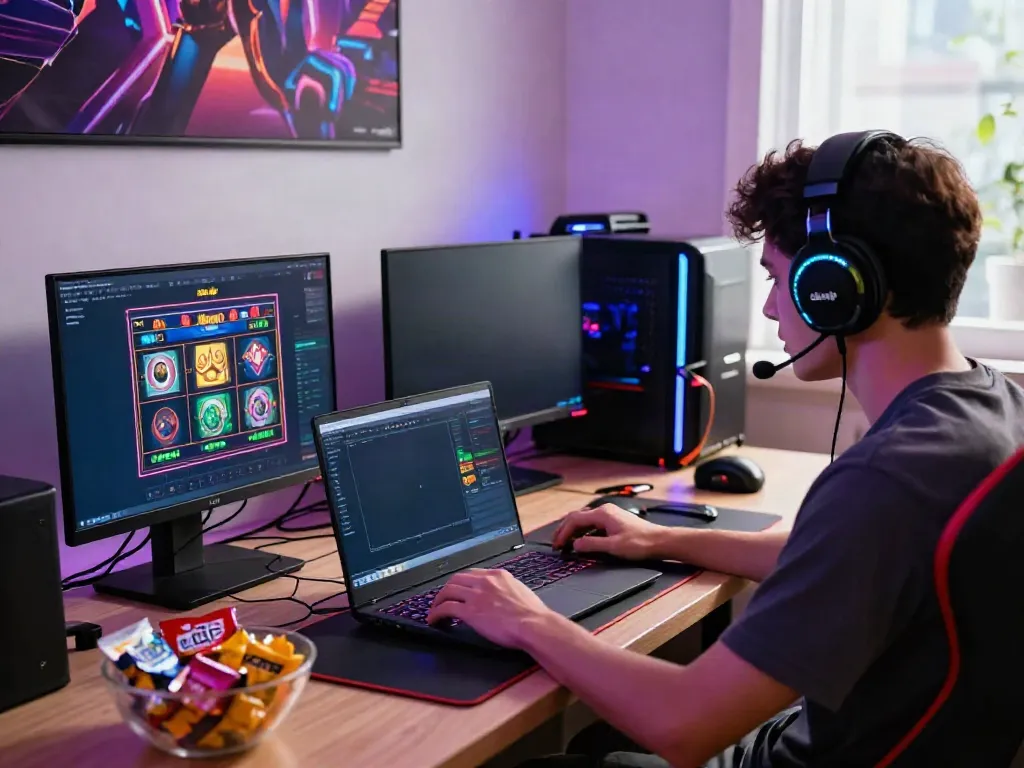 Player engaging with the akunjp online gambling platform, surrounded by gaming accessories and colorful visuals.