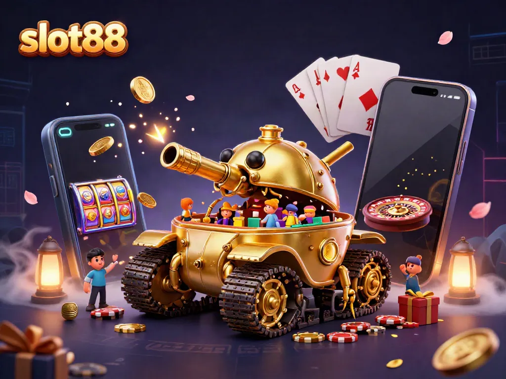 Mainkan slot88 dengan aksi seru di dalam tank kasino mini, penuh dengan koin emas dan permainan.