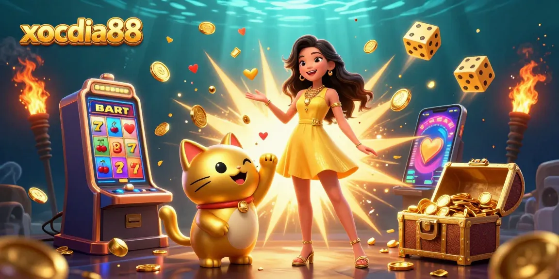 Xocdia88 slots scene with cheerful woman interacting with a lucky cat amidst a jackpot explosion.