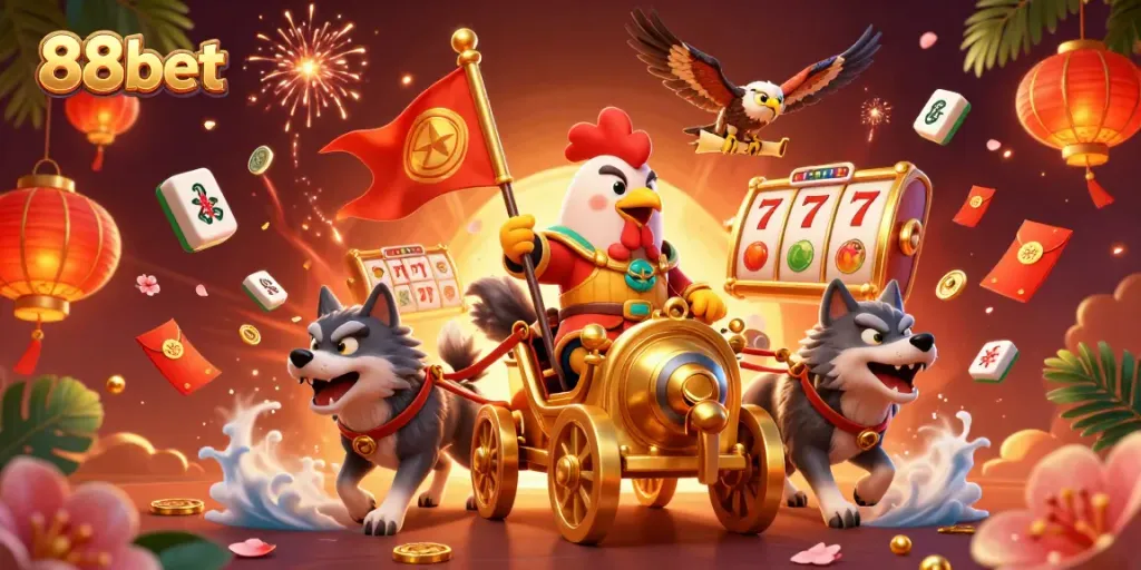 Experience the thrill of 88bet games with a rooster warlord in a vibrant 3D casino scene.