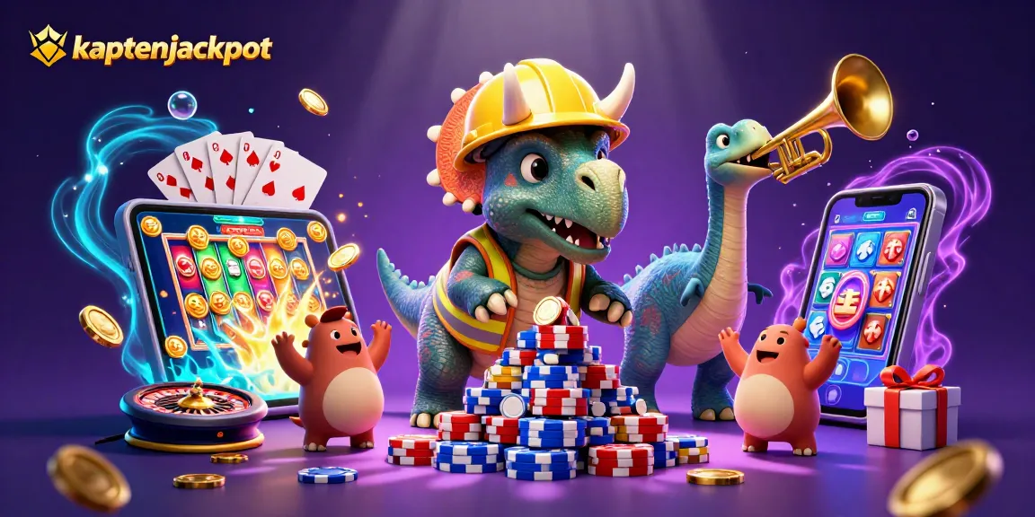 Kaptenjackpot celebrates big wins with a lively casino scene featuring a triceratops and parasaurolophus.
