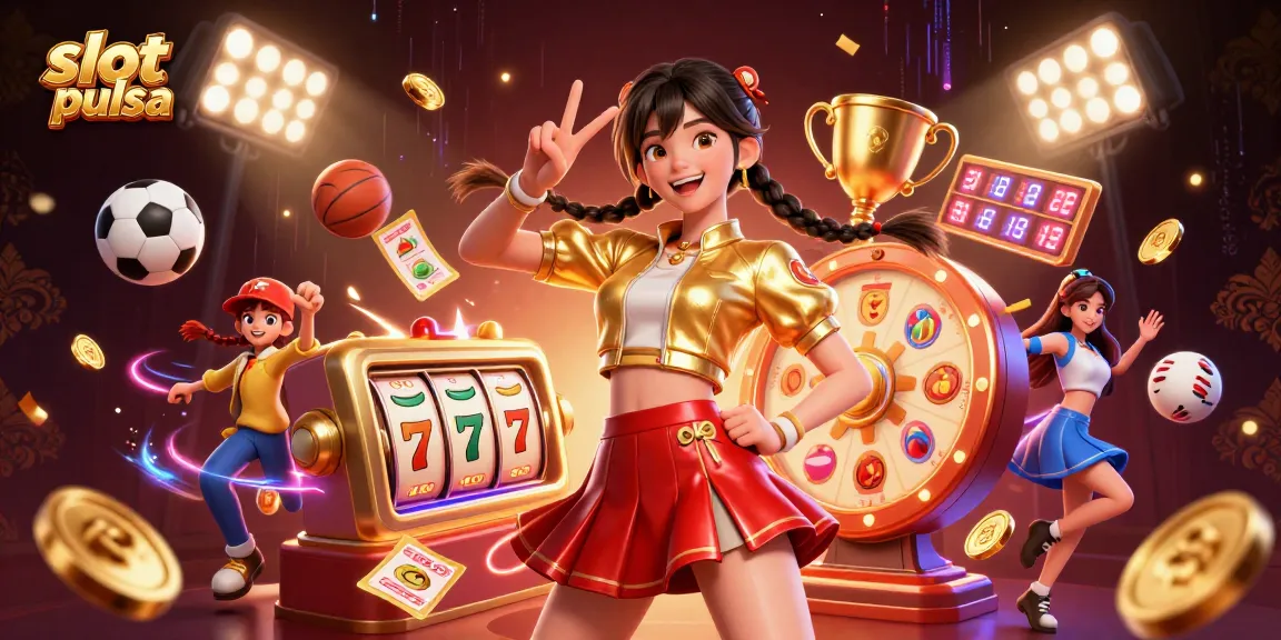 Experience thrilling slot pulsa games with our vibrant illustration featuring slot reels and energetic characters.