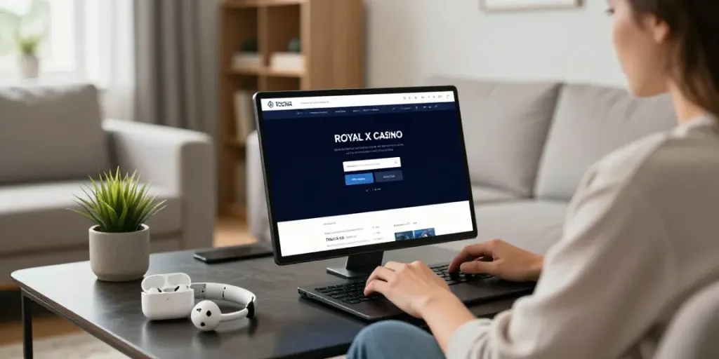 Engaging user accessing Royal X Casino login page on smartphone in cozy living space