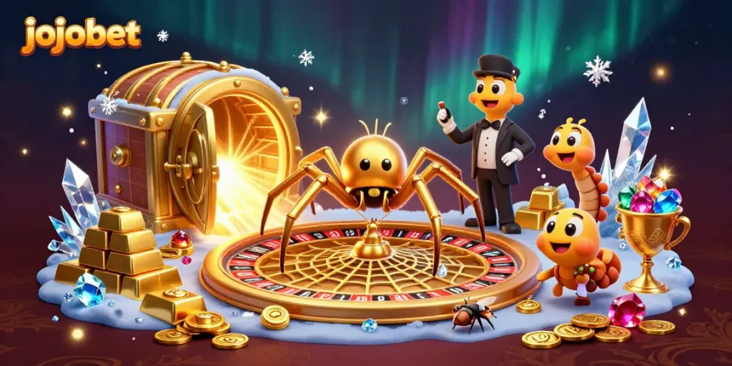 Spin wins at jojobet with a 3D golden spider and roulette wheel in an enchanting casino scene.