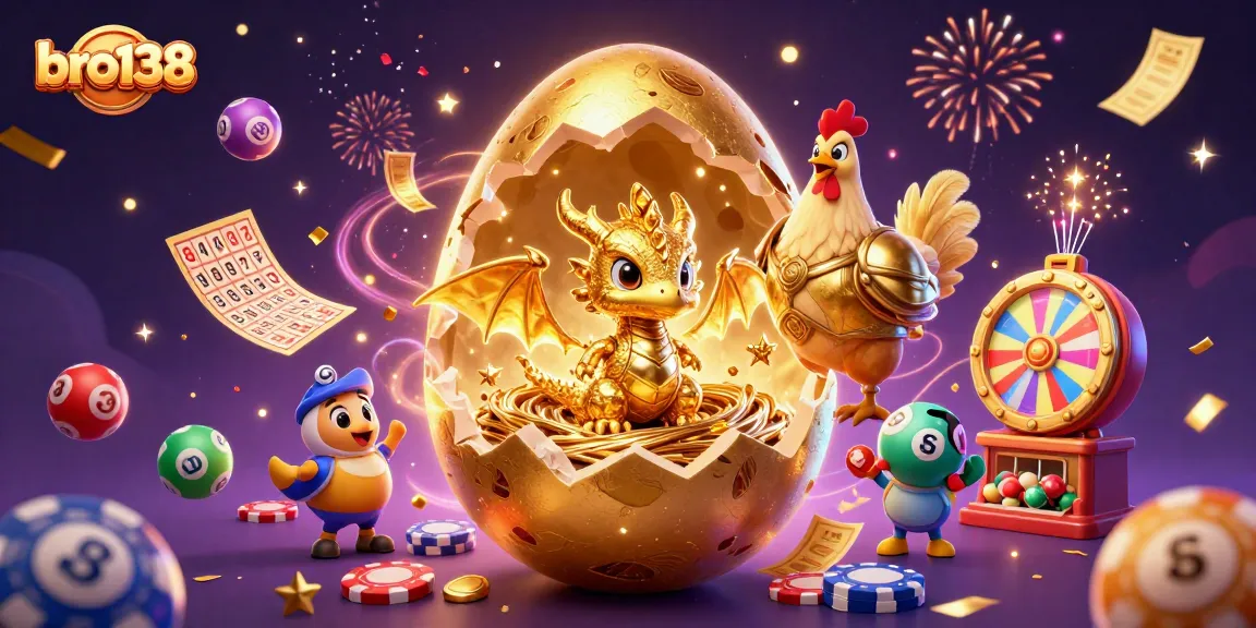 Play to win at bro138 with a golden dragon, poker chips, and lottery excitement!