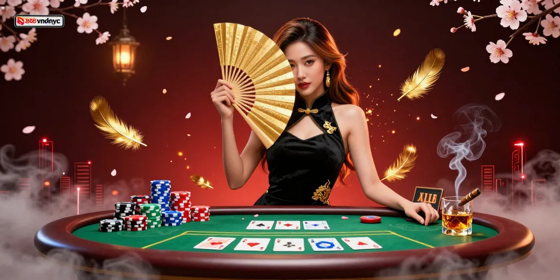 Engage in thrilling poker action at 888vndnyc with colorful chips and a mysterious dealer.