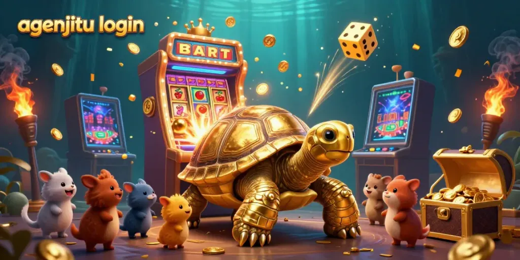 Gambarlah agenjitu login dengan karakter kura-kura emas raksasa yang dikelilingi elemen slot dan jeton.