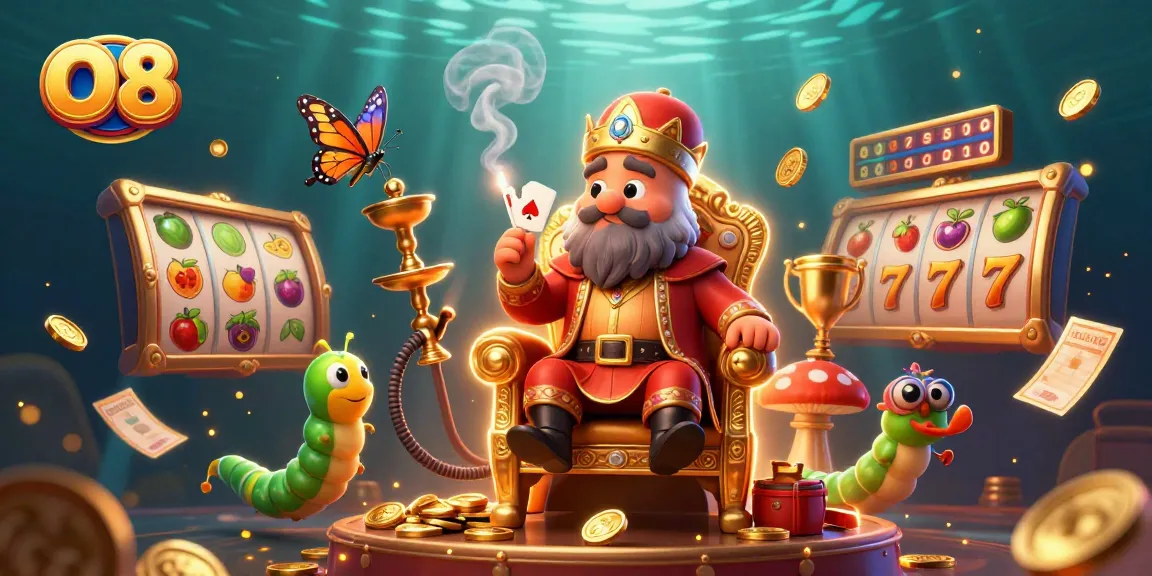 O8 showcases a vibrant 3D casino scene filled with slot elements and animated characters.