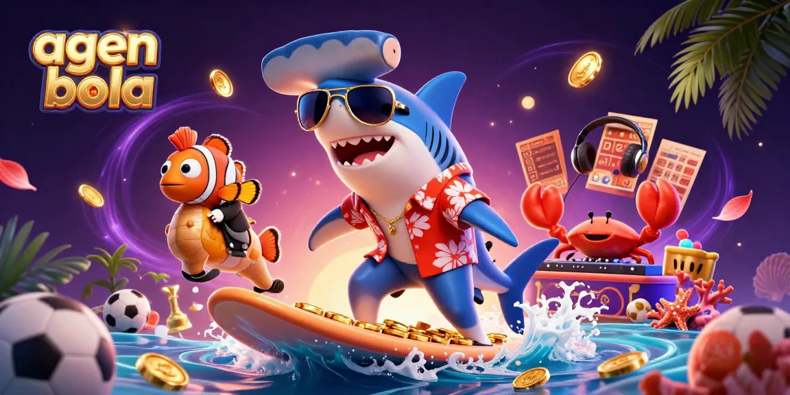 Experience the thrill of agen bola with a shark and clownfish amidst vibrant sports betting elements!