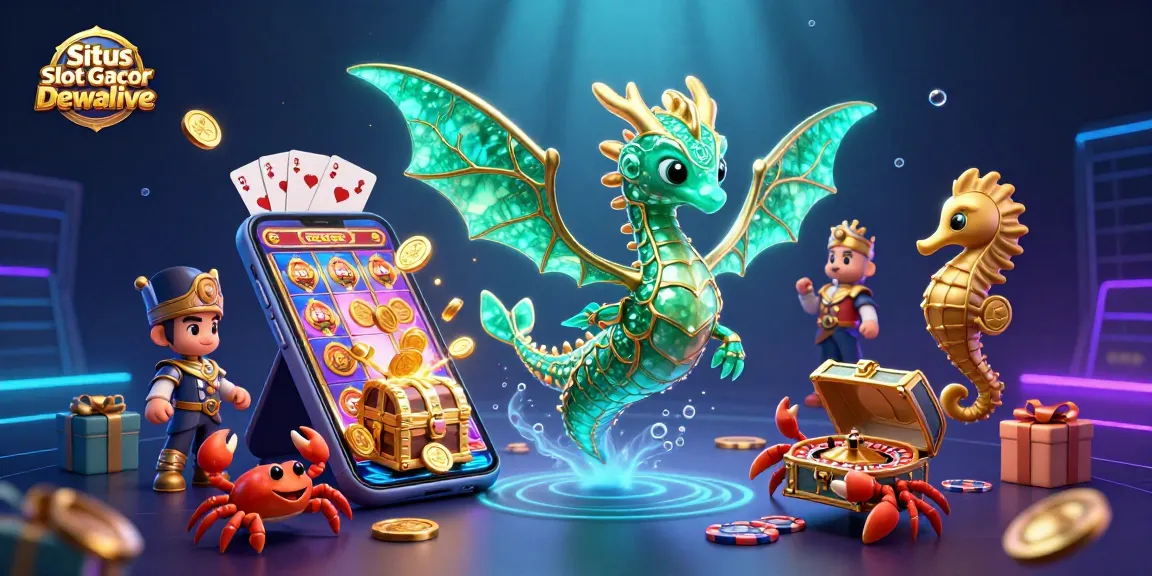 Situs Slot Gacor Dewalive offers vibrant gaming experience with a dynamic underwater casino scene filled with engaging slot elements.