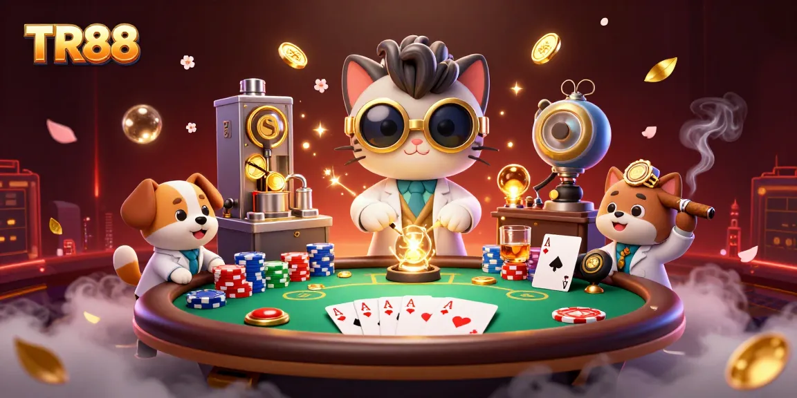 Engage with TR88 at an exciting poker table scene featuring vibrant characters and winning moments.