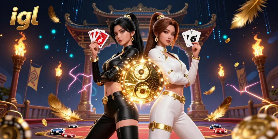 Engage in thrilling gaming action at igl as two powerful women showcase their card skills amidst dazzling casino elements.