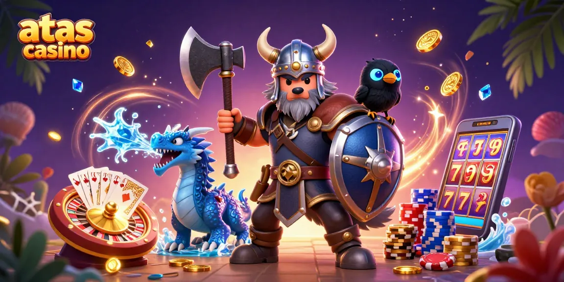 Experience gaming at atas casino with a Viking warrior, fierce dragon, and vibrant casino elements.
