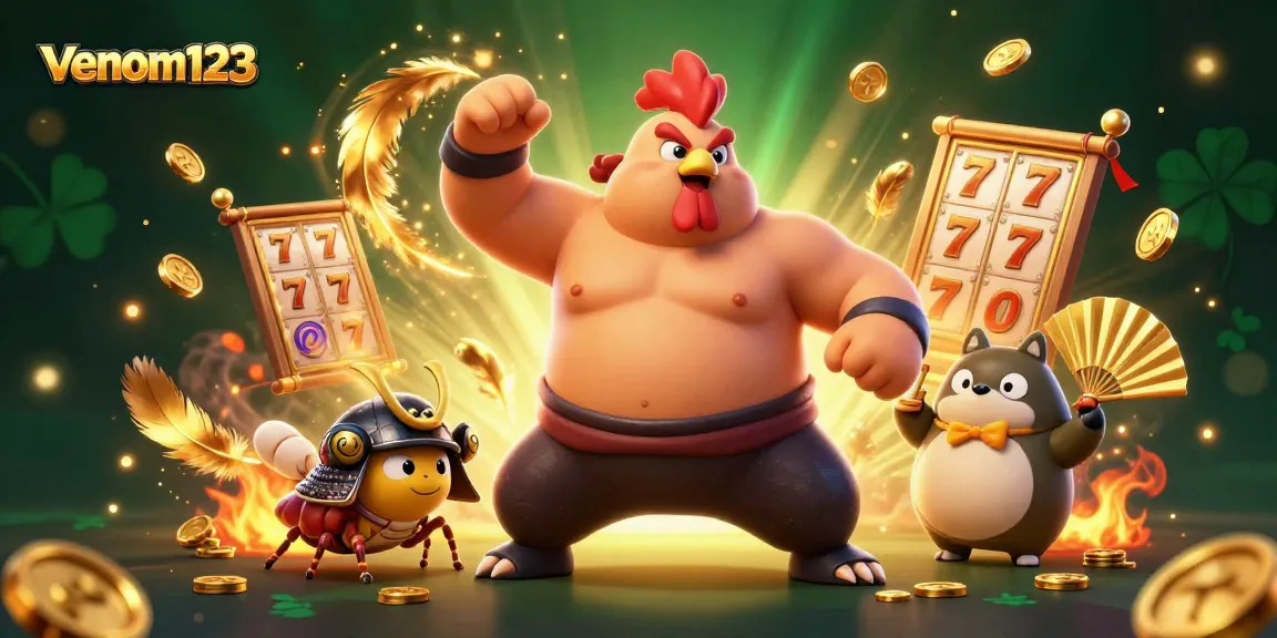 Venom123 memberikan tontonan seru dengan karakter sumo dan samurai di arena slot yang timbul penuh aksen emas.