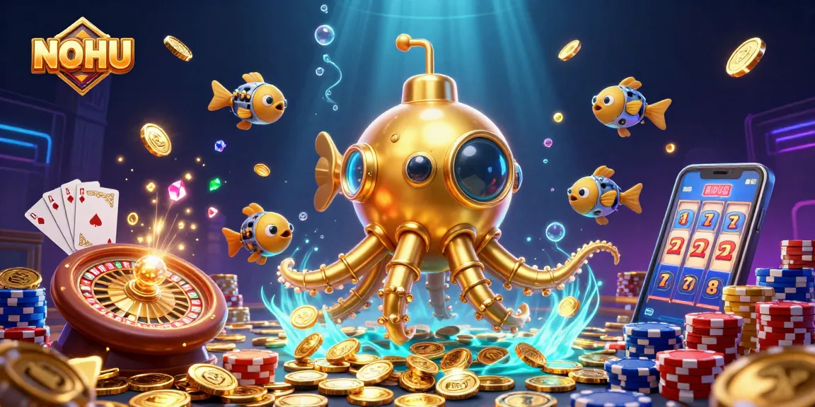 Experience thrilling gameplay with NOHU, featuring a golden kraken submarine amidst dazzling casino elements.