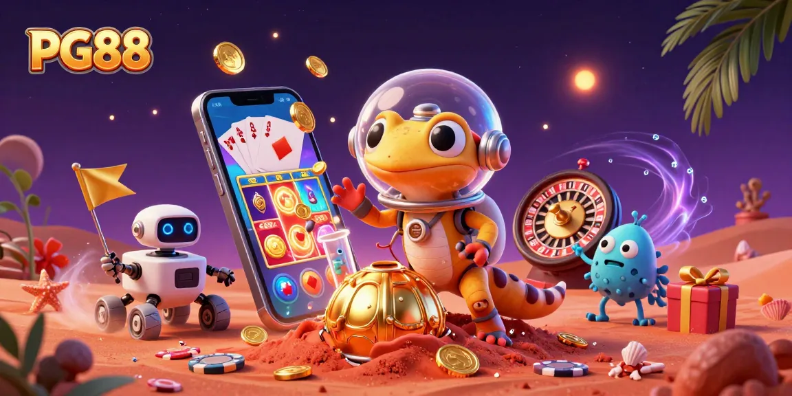 Experience PG88's vibrant casino theme, featuring a cartoon Martian gecko and exciting gaming elements.